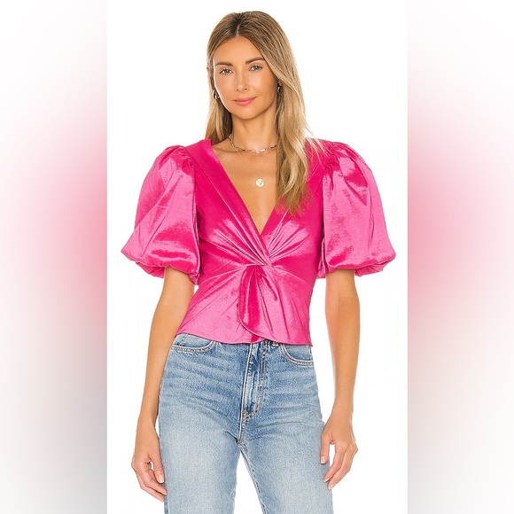 Lovers + Friends Tops - Lovers Friends Bene Top Pink Puff Princess Sleeve Barbie Shiny Twist Blouse
